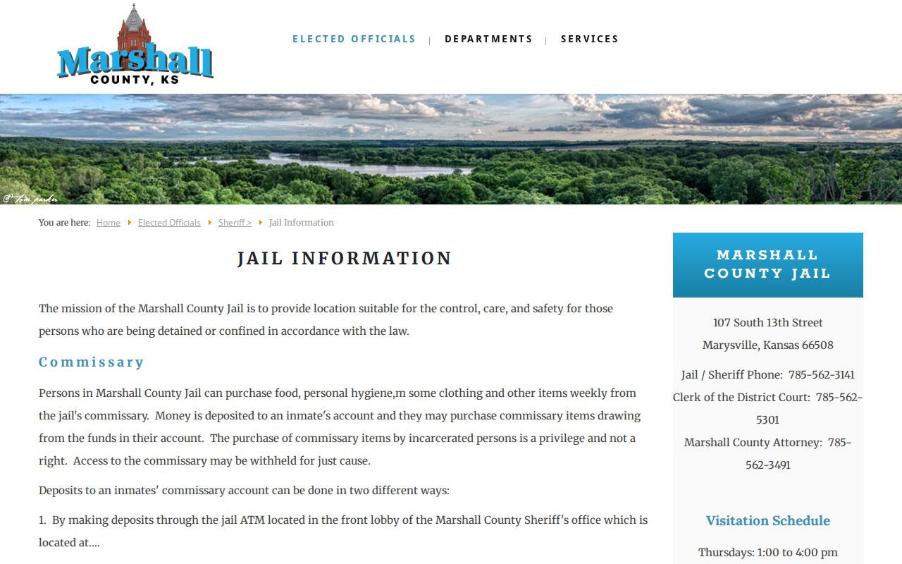 Official Marshall County, Kansas jail information page showing the Marysville facility details